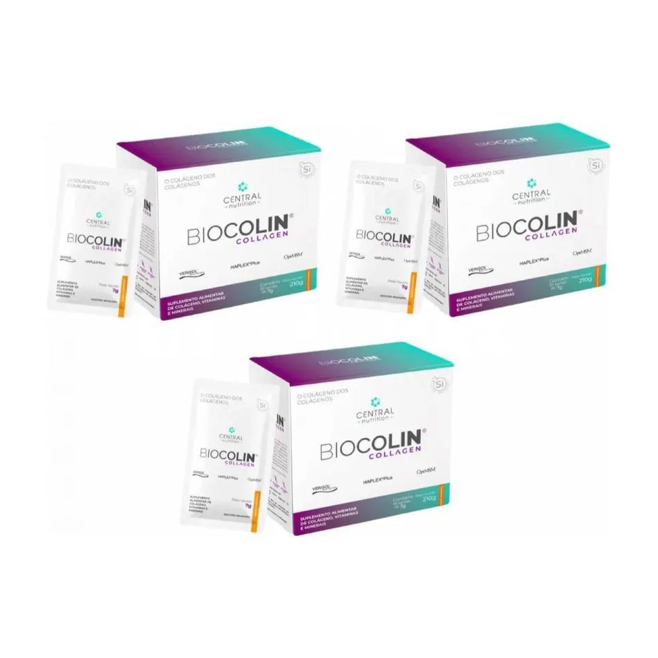 Kit com 3 Biocolin Collagen Colágeno 7G 30 Sachês Tangerina - Central Nutrition