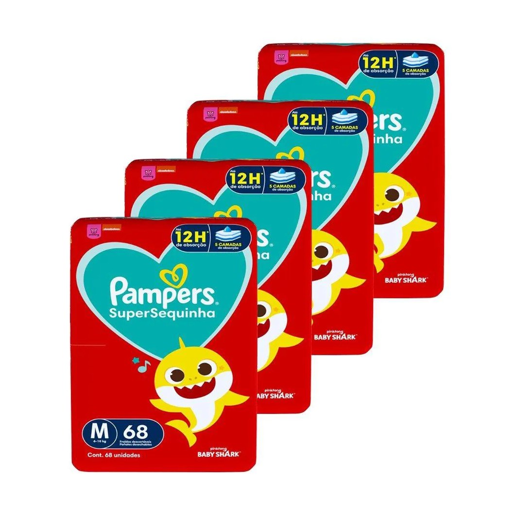 Fralda Descartável Pampers Supersequinha Tamanho M - 4 Pacotes com 68 Fraldas - Total 272 Tiras