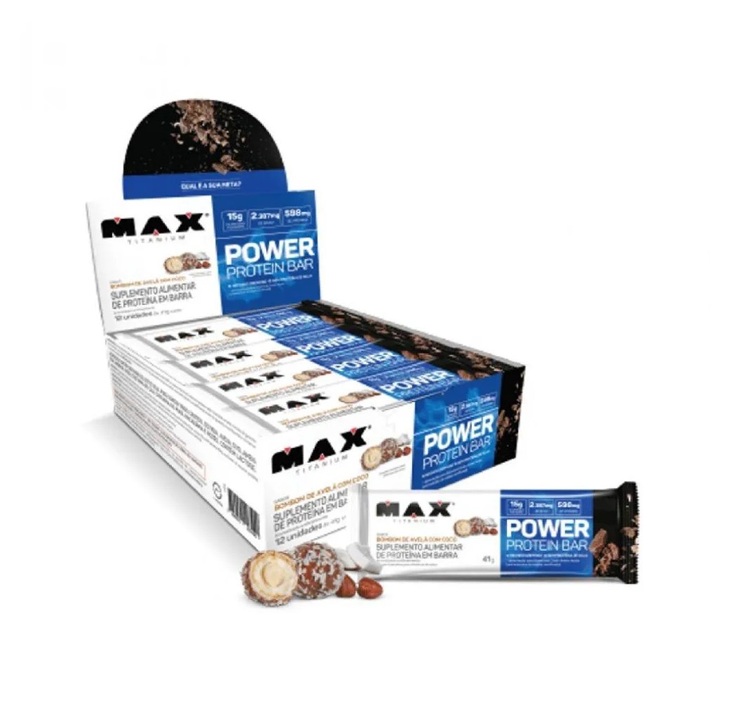 POWER PROTEIN BAR CAIXA COM 12 UNIDADES (492G) - SABOR: BOMBOM DE AVELã C/ COCO
