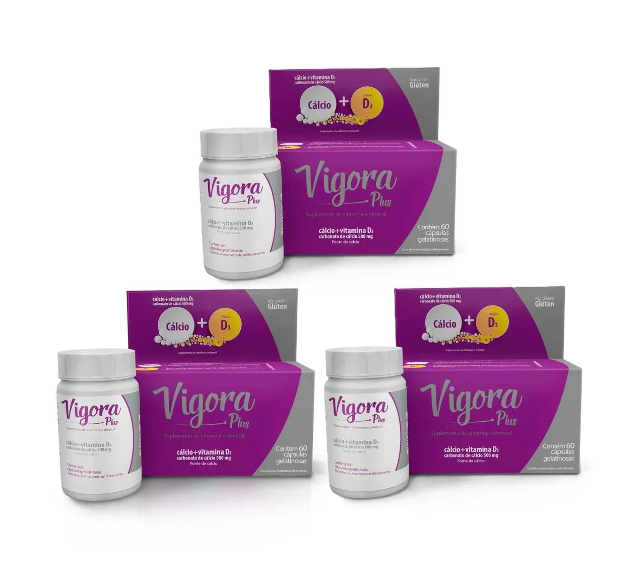 Kit 3 Vigora Plus Mulher Cálcio Calcium +vit D3 C/ 60 cápsulas
