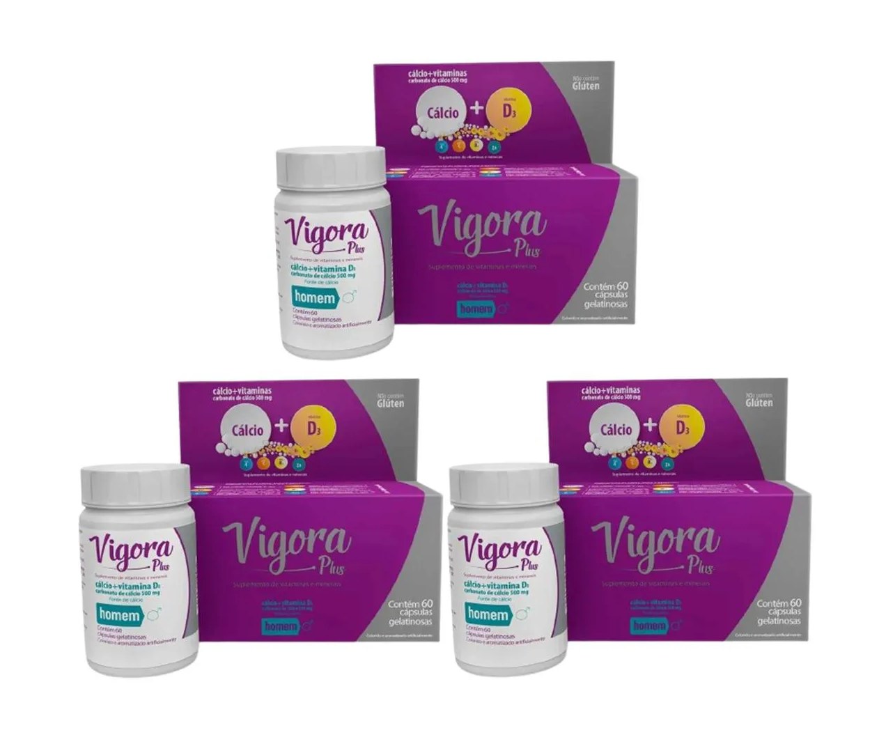 Vigora Plus Homem Cálcio Calcium+d3 (kit 3x60=180 Cápsulas)
