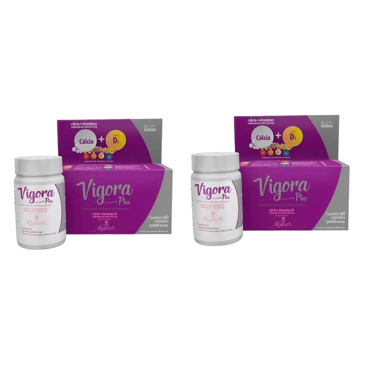 KIT 2 VIGORA PLUS MULHER CáLCIO CALCIUM +VIT D3 60 CáPSULAS