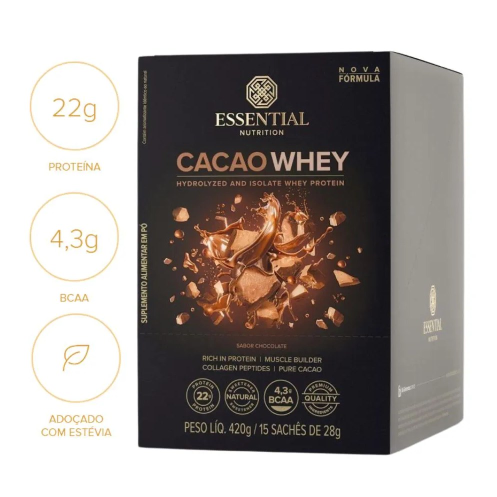 Essential Nutrition Whey Protein - Sabor Cacao - (caixa 15 Saches)