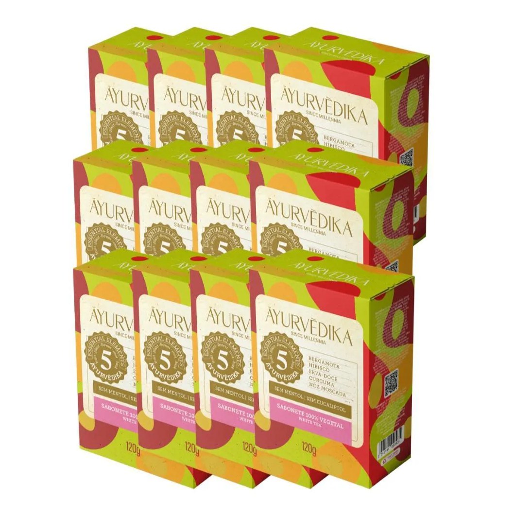 Kit 12 Sabonetes Em Barra 100% Vegetais White Tea Ayurvédika