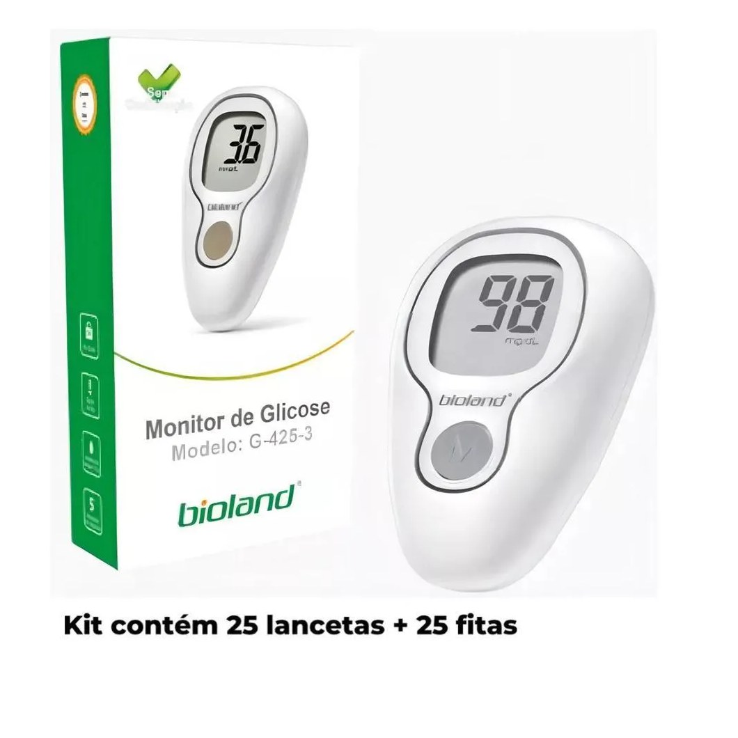 Monitor Glicose Kit 25 Fitas + 25 Lancetas Bioland G425-3