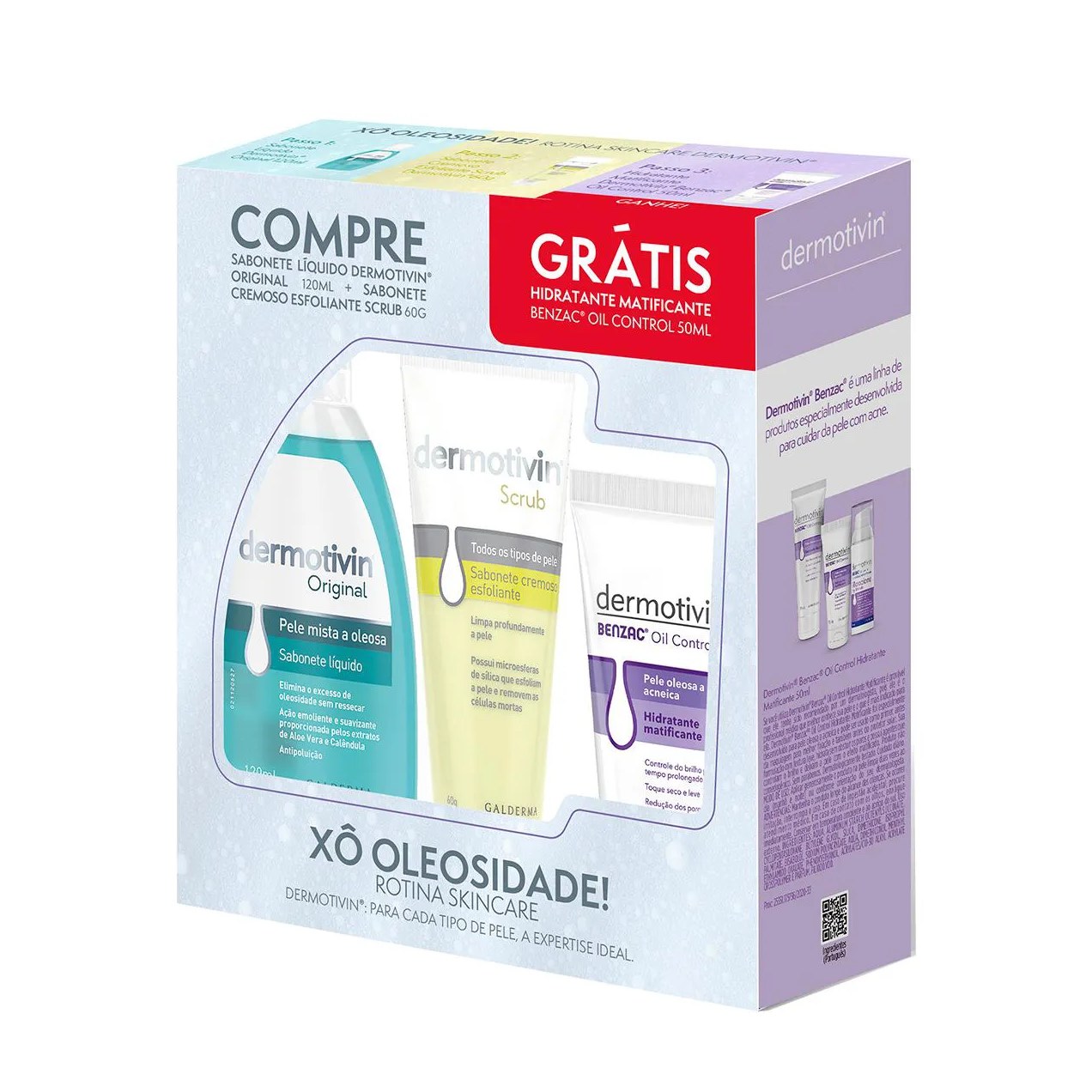 Kit Dermotivin Sabonete Líquido Facial Original 120ml + Esfoliante Scrub 60g + Hidratante Matificante Benzac 50ml