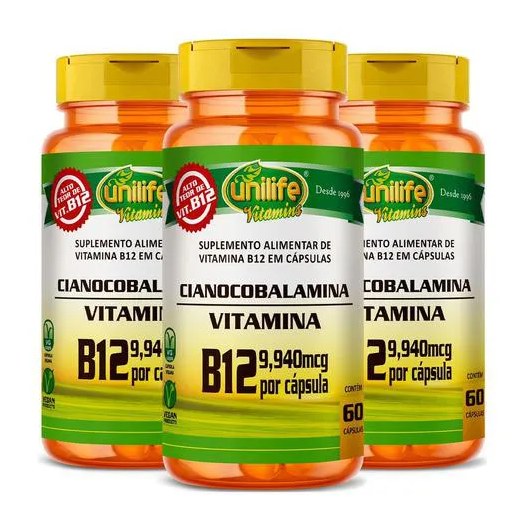 Vitamina B12 Cianocobalamina 3 X 60 cápsulas Unilife