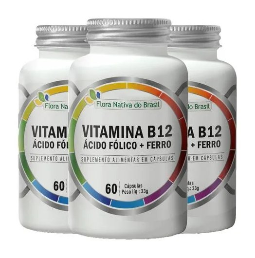 Vitamina B12 Ácido Fólico e Ferro 3 X 60 cápsulas Flora Nativa