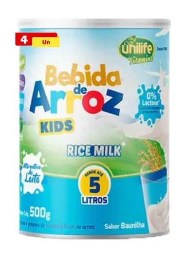 Bebida de Arroz Kids Rice Milk sem Lactose 4 X 500g Unilife