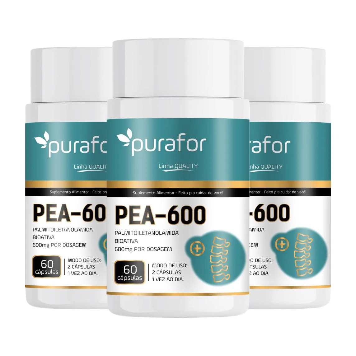 Kit 03 Pea - 600 Palmitoiletanolamida Bioativa 600mg Purafor – 60 cápsulas