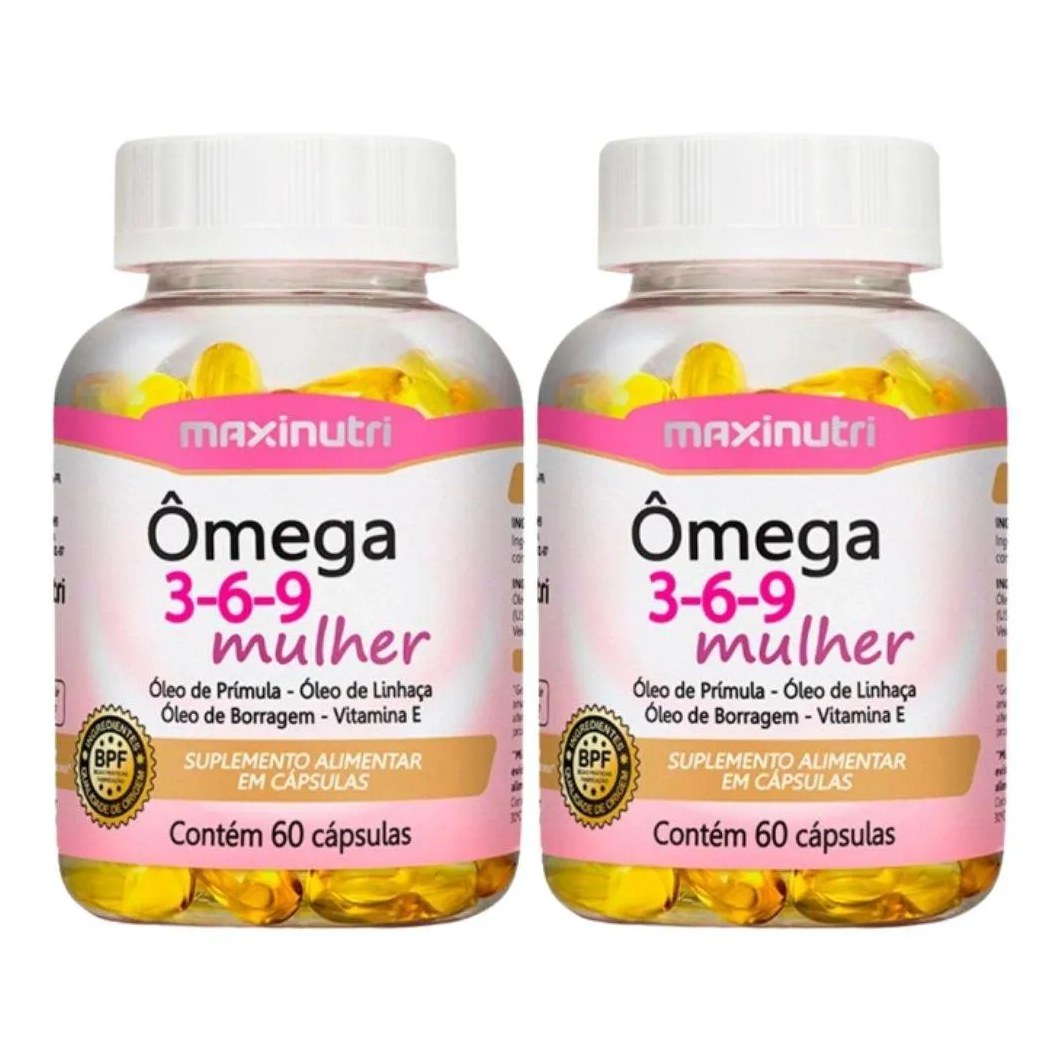Kit 2x Ômega 3,6,9 Mulher (linhaça, Prímula e Borragem) + Vitamina e 60 cápsulas Maxinutri