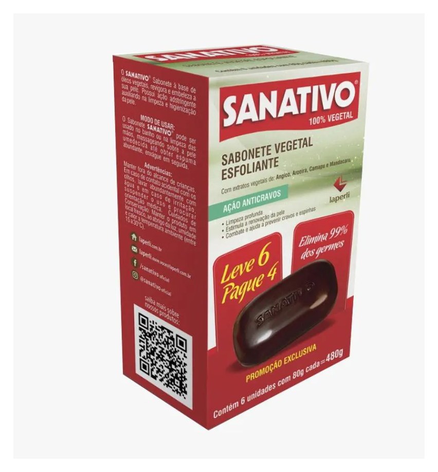 Sabonete Vegetal Esfoliante Leve 06 Pague 04 Sanativo Elimina 99% dos Germes 80g