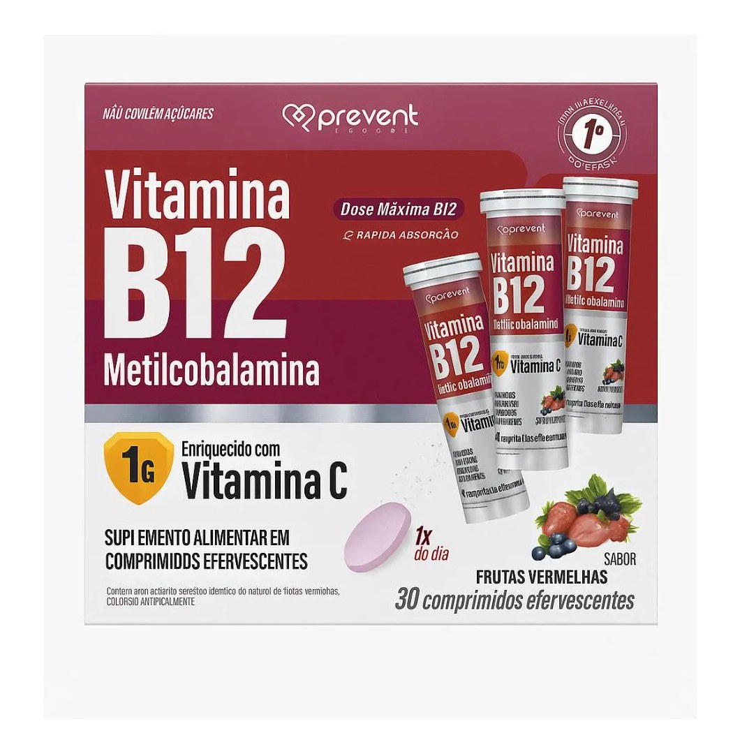 Vitamina B12 Metilcobalamina Frutas Vermelhas C/30 comprimidos - Prevent Pharma