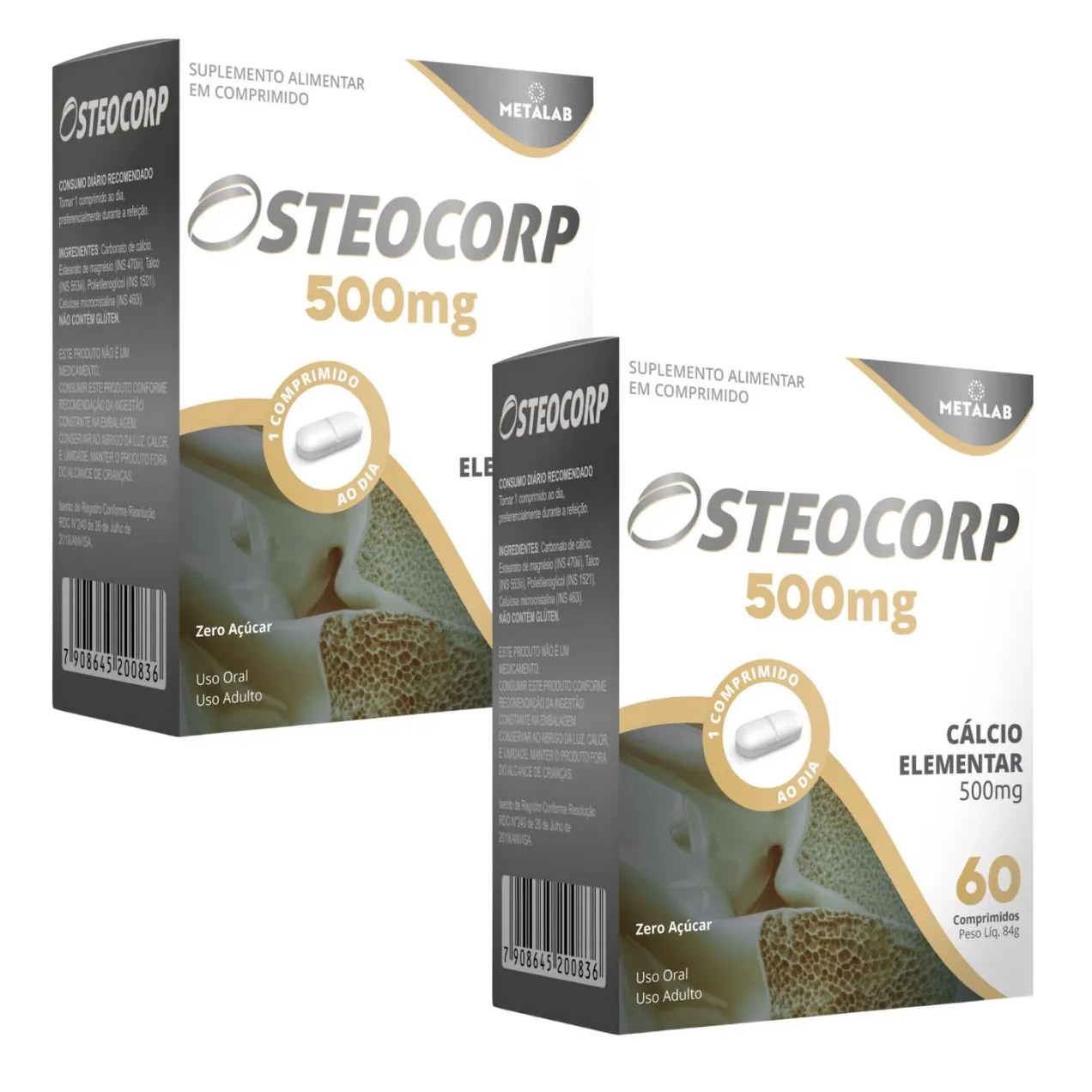 Kit 2 Osteocorp 60cp Carbonato de Calcio 500mg Calcio Elementar