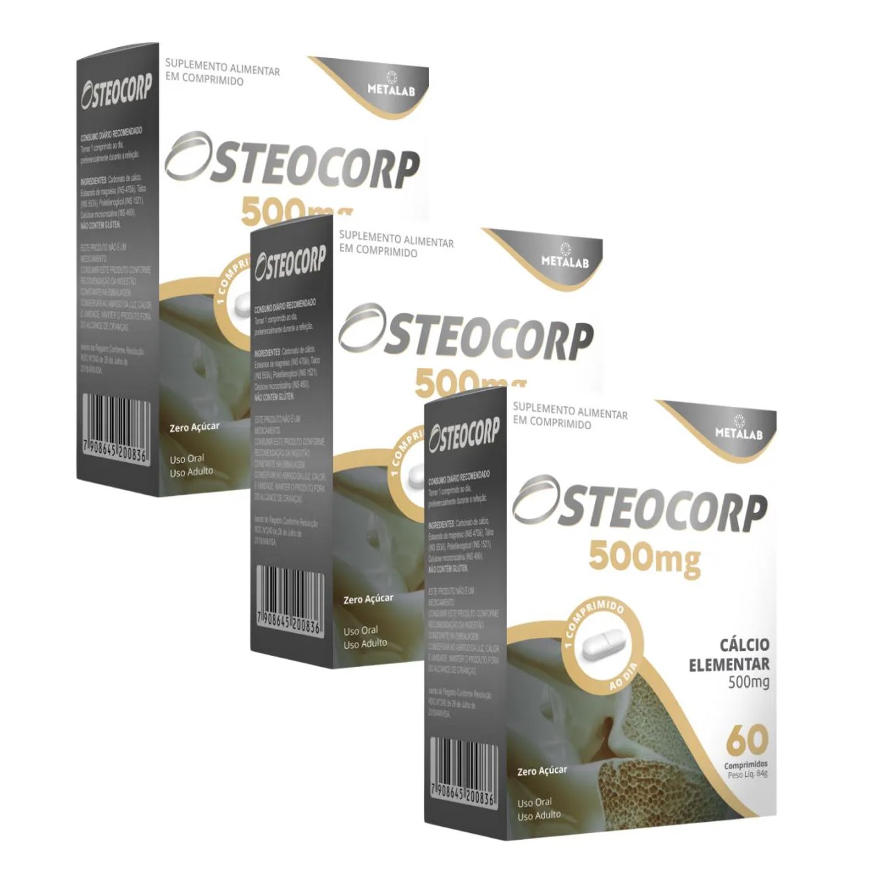 Kit 3 Osteocorp 60cp Carbonato de Cálcio 500g Calcio Elementar