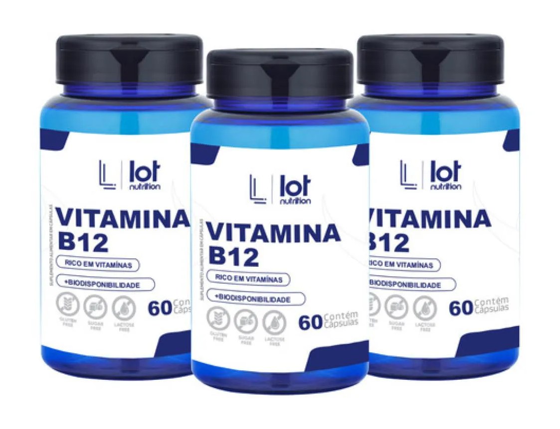 Kit 3un Vitamina B12 Cianocobalamina 60 cápsulas sem Sabor