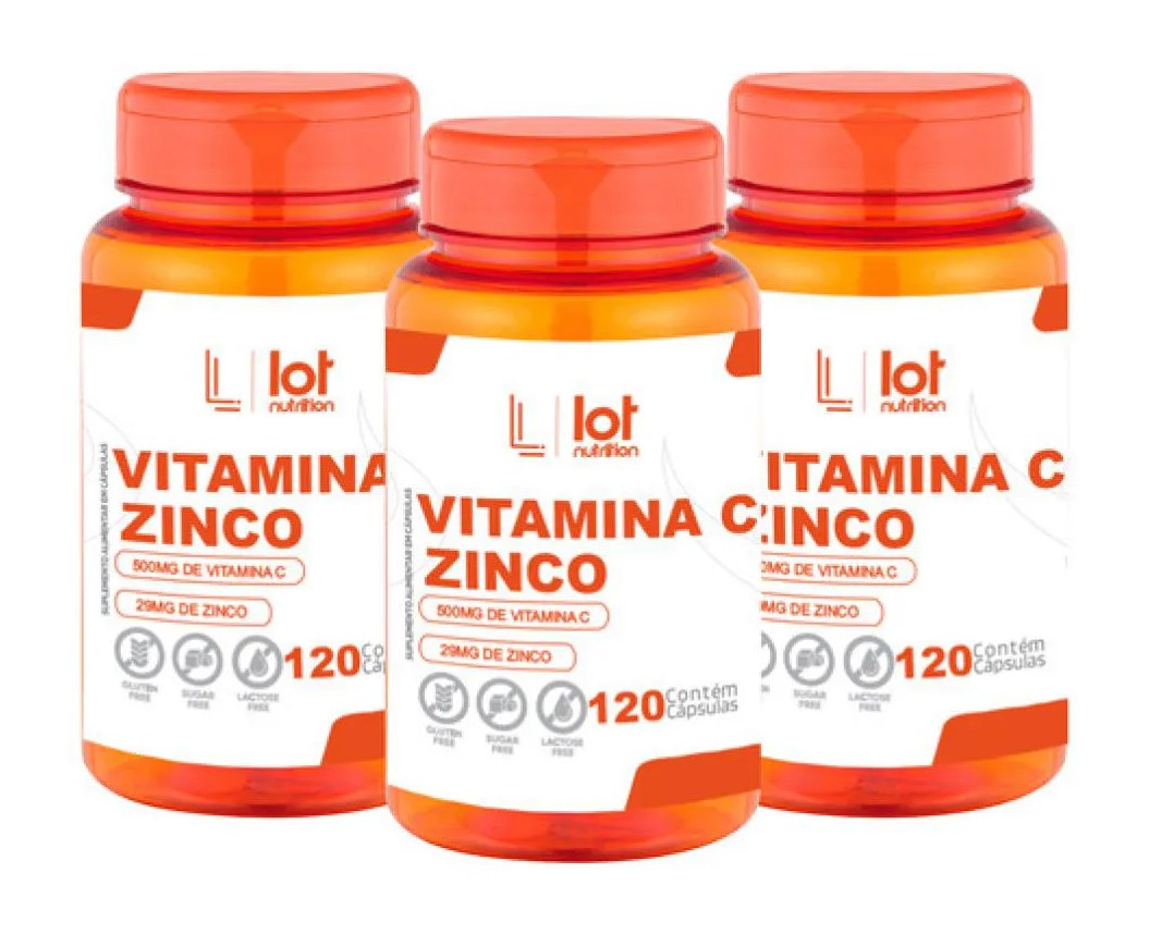 Kit 3un Vitamina C 500mg Zinco 29mg 120 cápsula sem Sabor