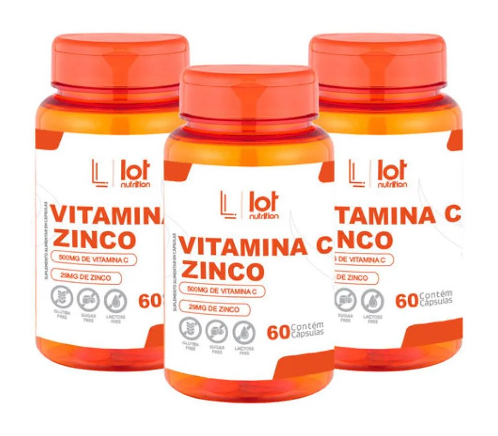Kit 3un Vitamina C 500mg Zinco 29mg 60 cápsulas sem Sabor