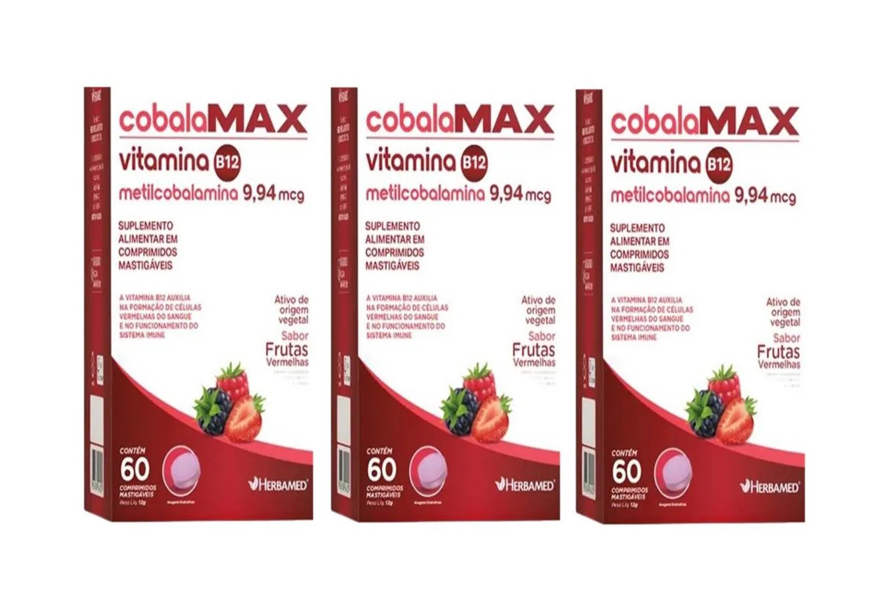 Kit 3 Cobalamax Vit B12 9,94 Mcg 60 Comp Mastigáveis