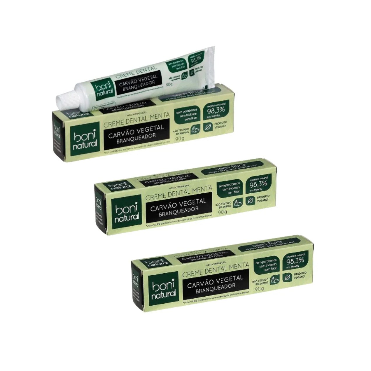 Kit 3 Cremes Dentais Boni Natural Menta e Carvao Vegetal 90g