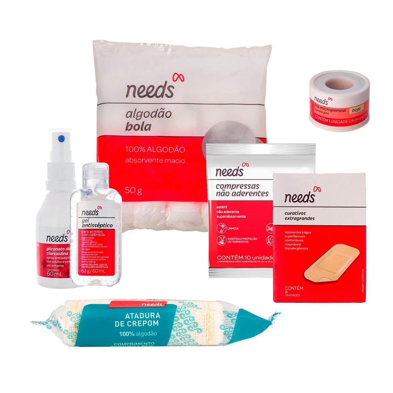 Kit Needs Primeiros Socorros Gaze + Atadura + Spray Antisséptico + Curativo + Fita Microporosa + Álcool em Gel + Algodão