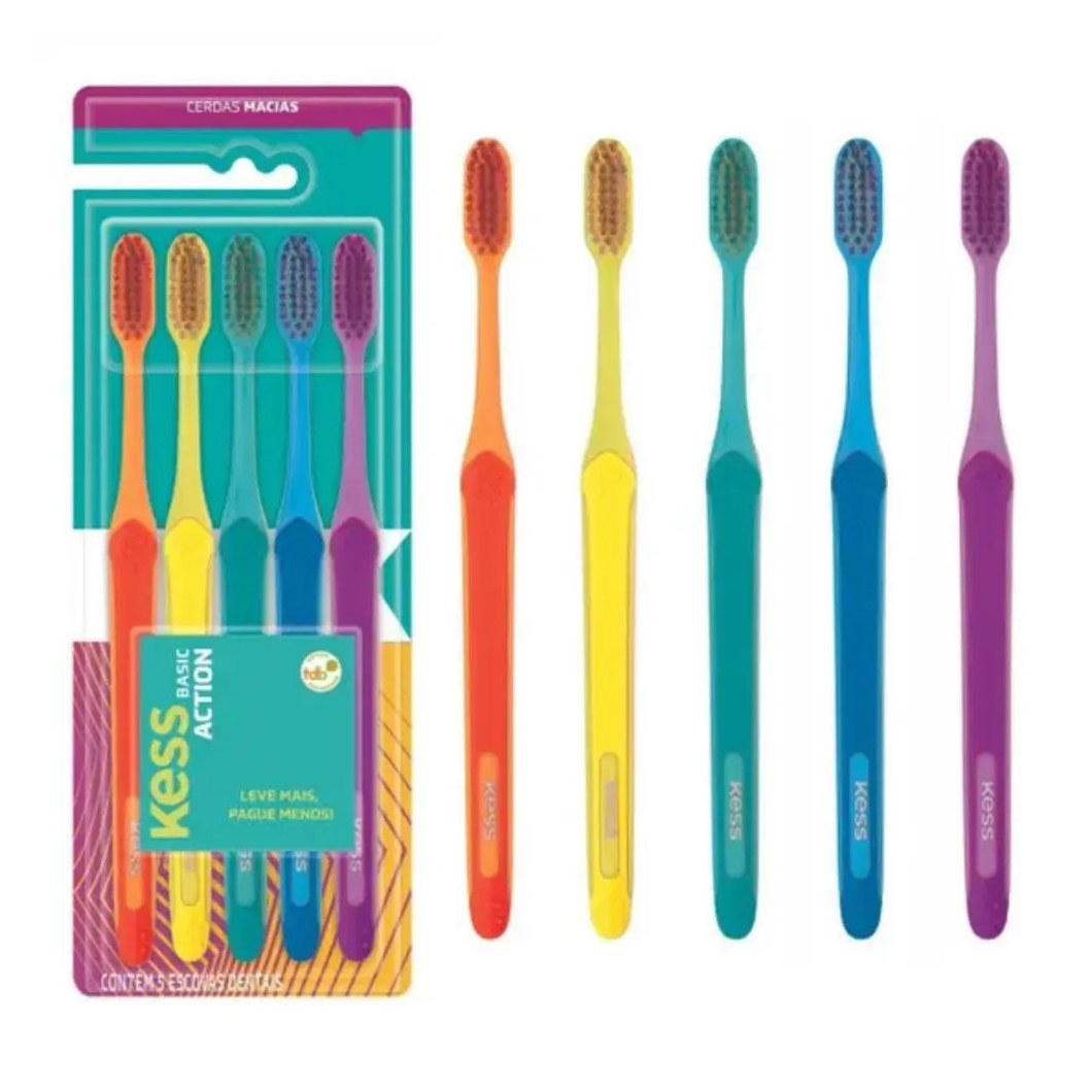 5 Escovas Dentais Coloridas Basic Action Macia Kess