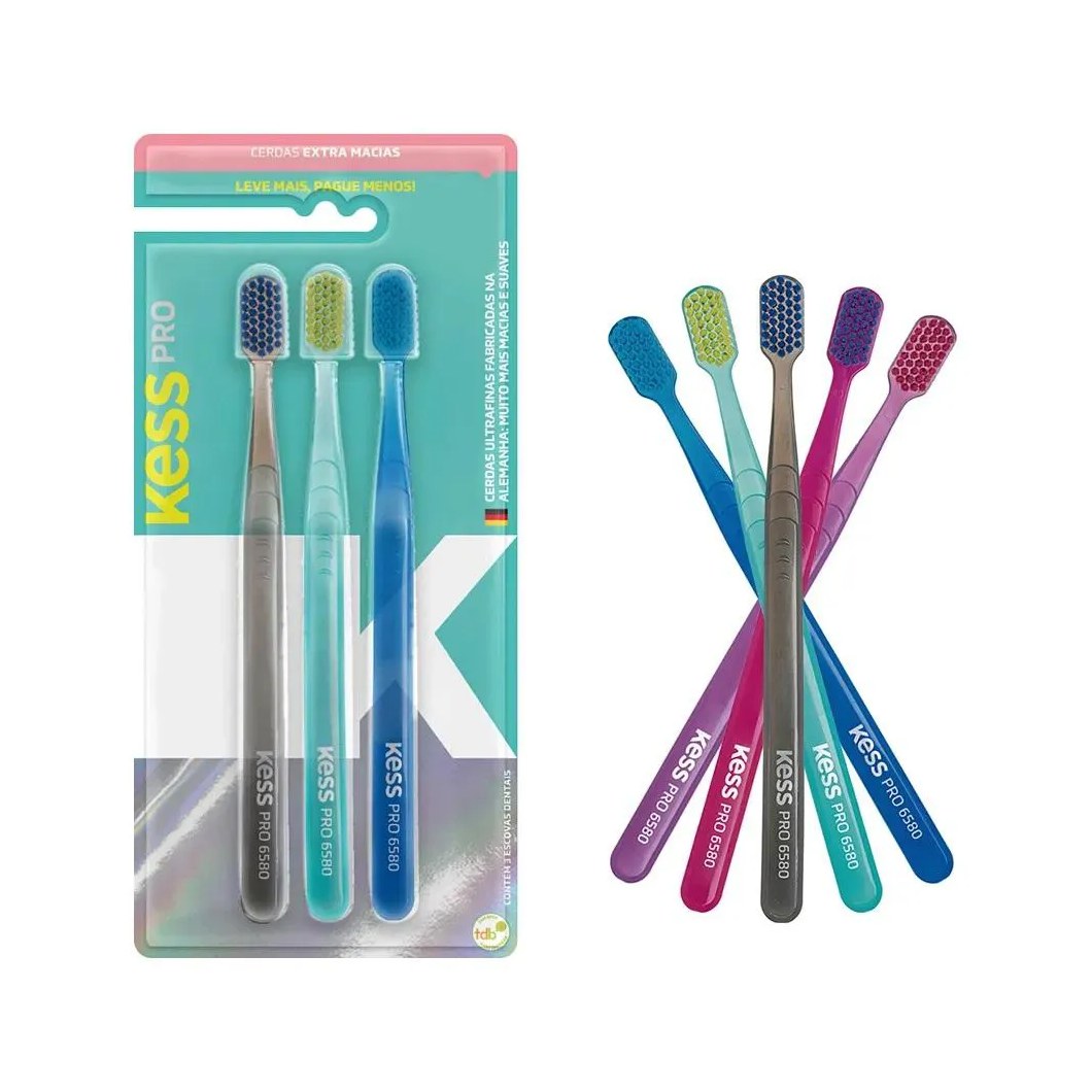 3 Escovas Dentais Pro Cerdas Extra Macias Coloridas Kess