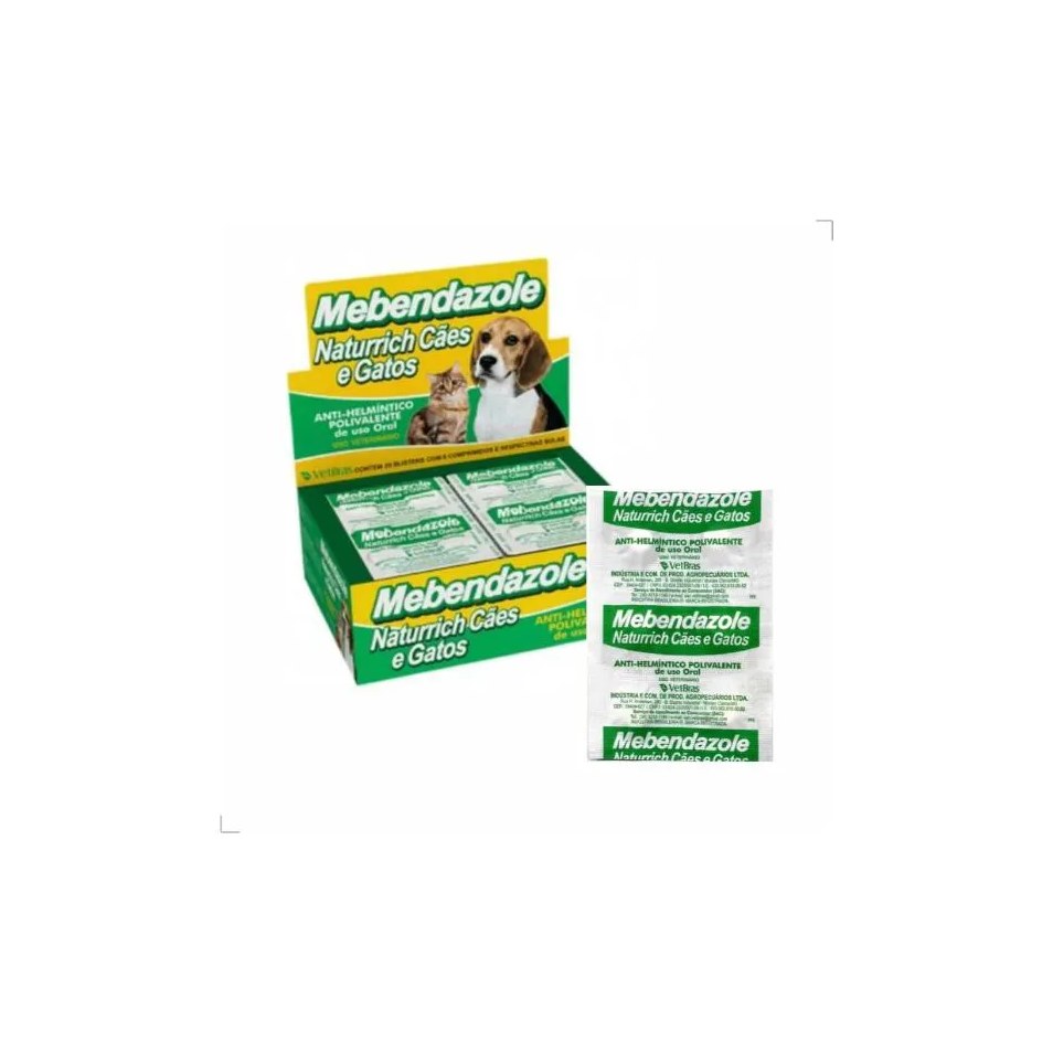 Vermifugo para Cachorro e Gato Mebendazole Contra Vermes 01 - 40kg Cartela com 6 Comprimidos