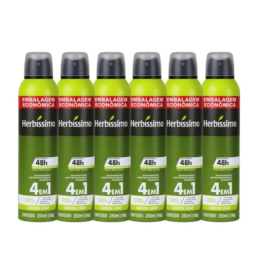 KIT DESODORANTE AEROSOL ANTITRANSPIRANTE HERBíSSIMO GREEN LEAF 250ML - 6 UNIDADES