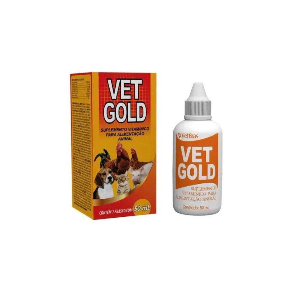 Suplemento Vitamínico e Fortificante Vet Gold 50 Ml Vetbras / Aves, Bovinos, Caprinos, Equinos, Suínos, Cães e Gatos