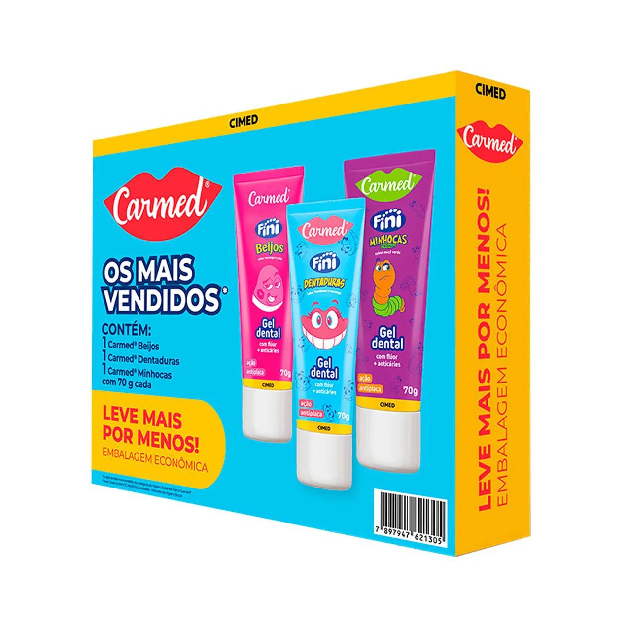 Kit Carmed Oral Care Gel Dental Fini Beijos 70g + Dentadura 70g + Minhocas Azedinhas 70g