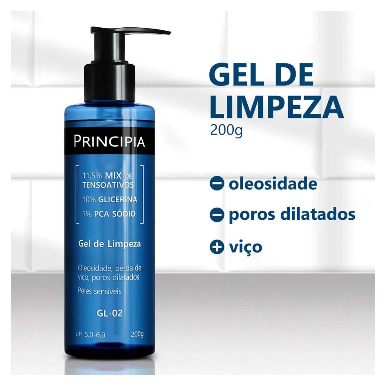 Kit Facial Principia Skincare Gel de Limpeza Suave GL-02 200ml + Protetor Solar PS-01 FPS 60 40ml + Sérum Anti-Idade Mix-02 30ml