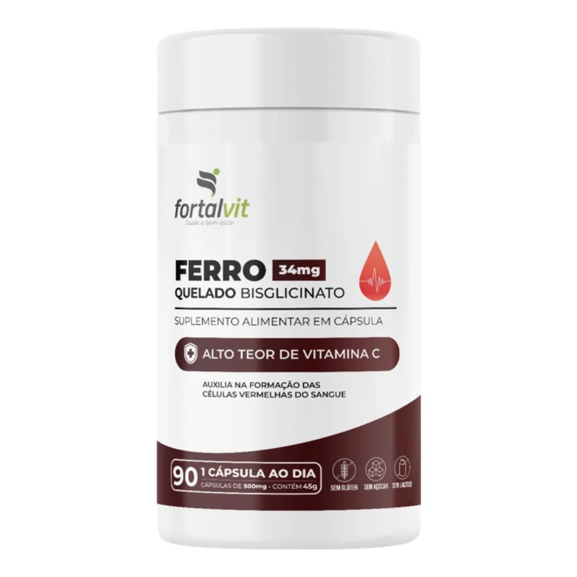 Ferro Quelado Bisglicinato 34Mg, 90 Cápsulas, Alto Teor De Vitamina C, Fortalvit