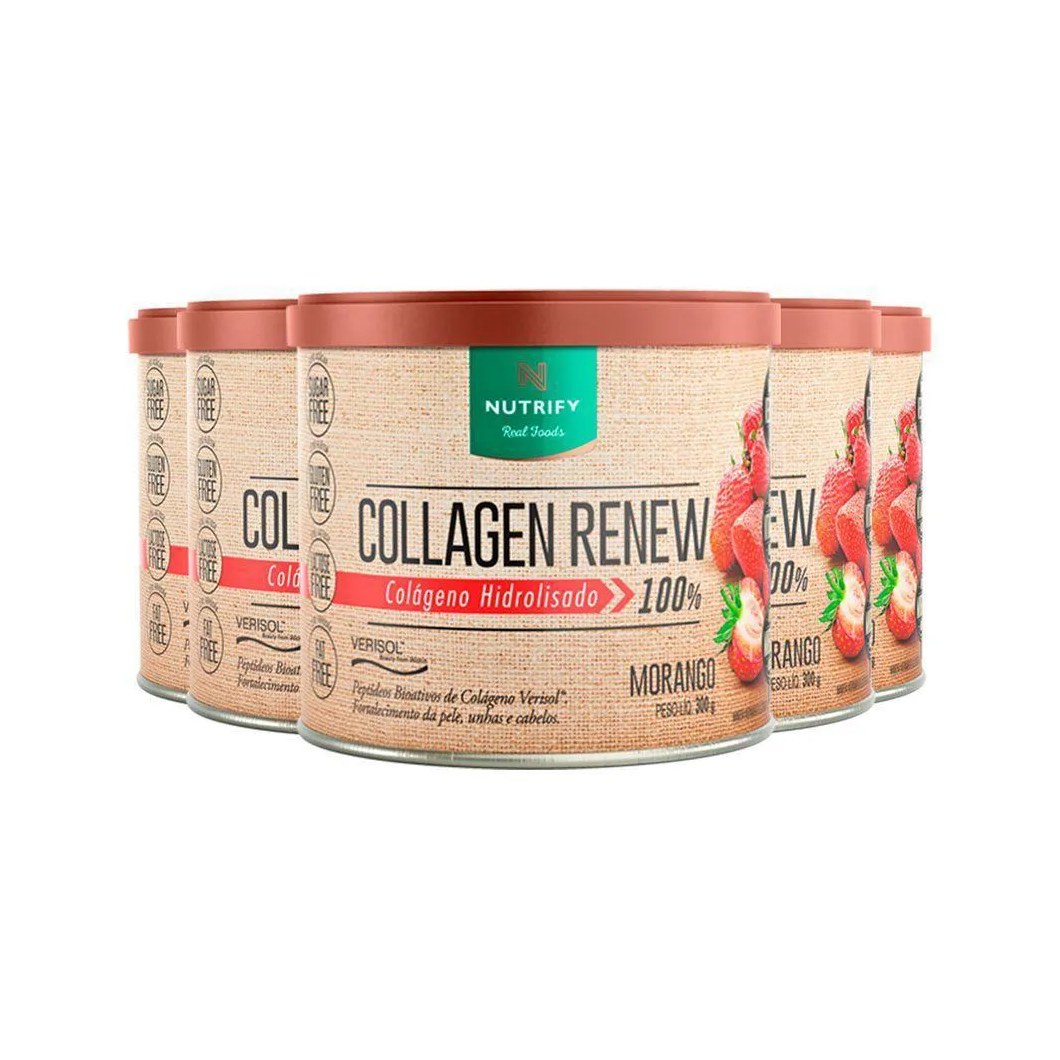 Kit 5 Collagen Renew Colágeno Hidrolisado Morango Nutrify 300G