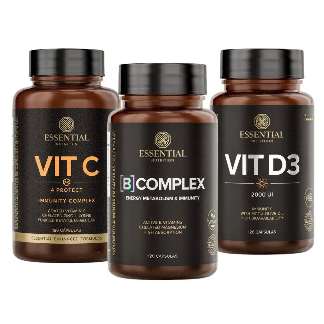 Kit Vitaminas Essenciais Vit C + Vit D + B Complex Essential