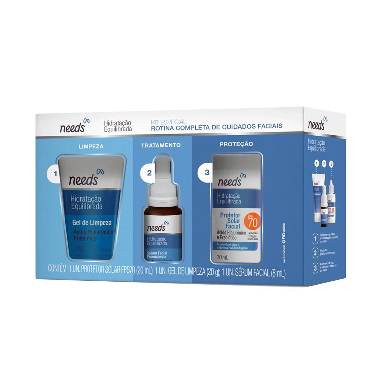 Kit Facial Needs Mini Hidratação Equilibrada Protetor Solar FPS 70 20ml + Gel de Limpeza 20g + Sérum 10ml
