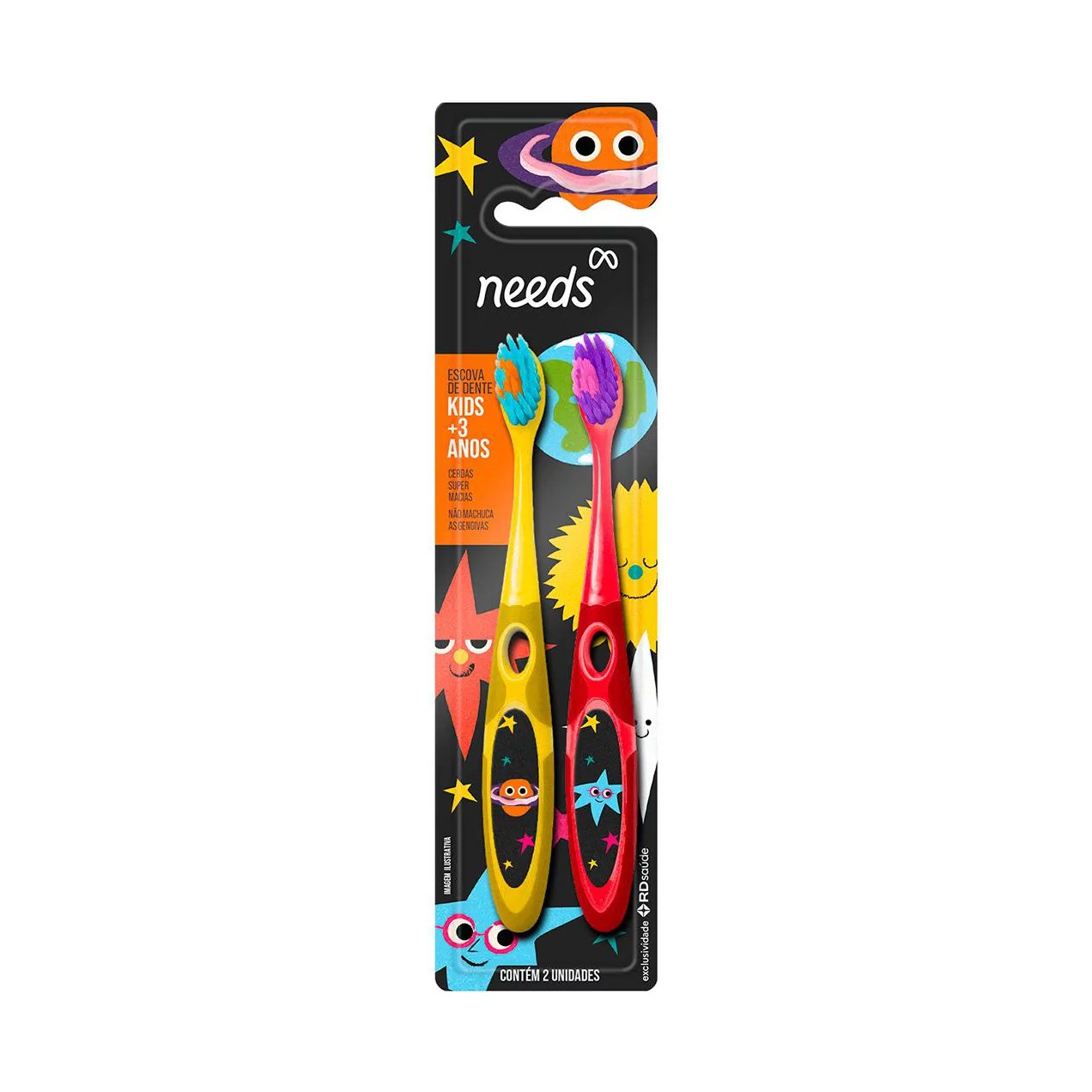 Escova de Dentes Infantil Needs Kids Duo Espaço Super Macia +3 Anos 2 unidades