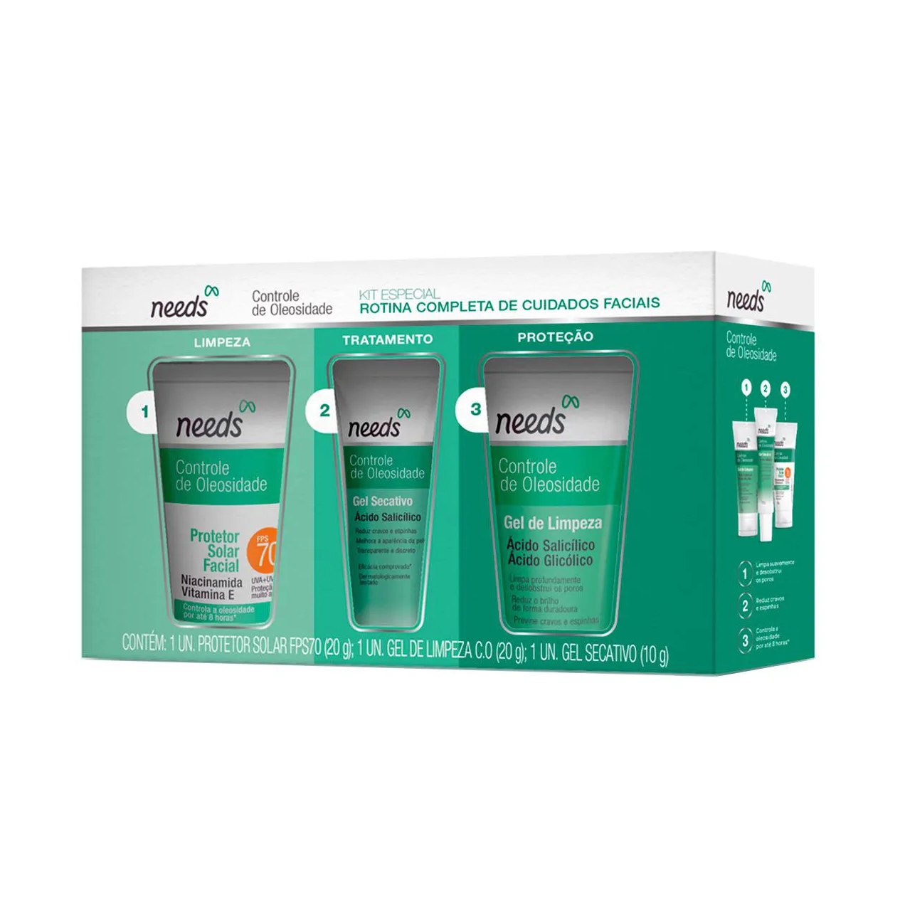 Kit Needs Mini Cuidados Essenciais Controle de Oleosidade Protetor Solar Facial FPS 70 20g + Sabonete Facial 20g + Gel Secativo 10g