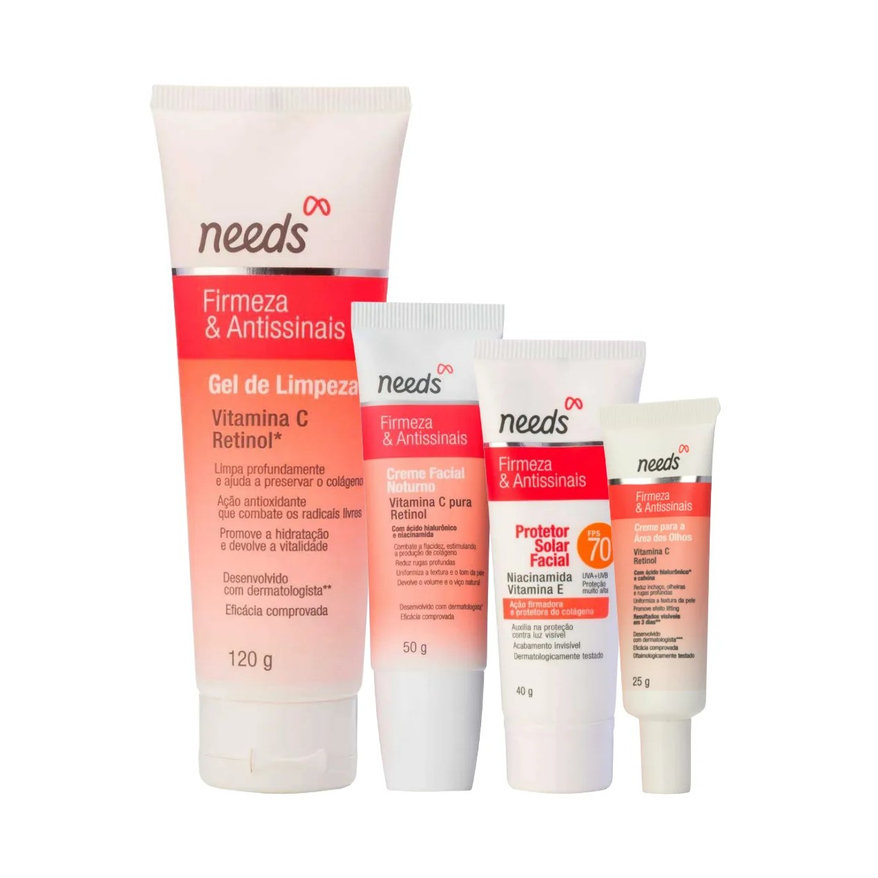 Kit Needs Firmeza & Antissinais Protetor Solar Facial FPS 70 40g + Creme para Área dos Olhos 25g +Hidratante Facial Noturno 50g + Gel de Limpeza Facial 120g