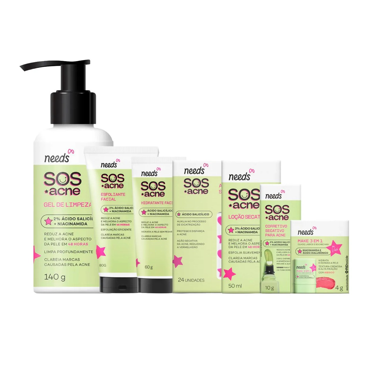 Kit Facial Needs SOS Acne Adesivo Secativo + Stick Make 3 em 1 + Corretivo Secativo + Hidratante + Esfoliante + Gel de Limpeza + Loção Secativa