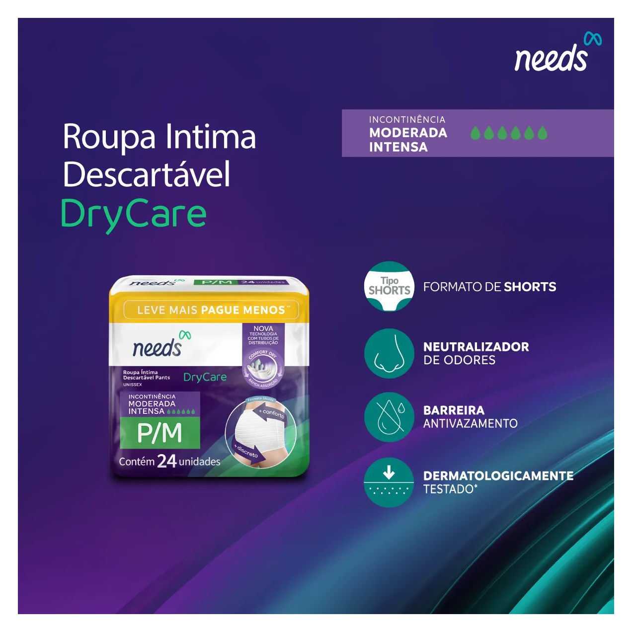 Roupa Íntima Descartável Needs DryCare Pants P/M 24 Unidades