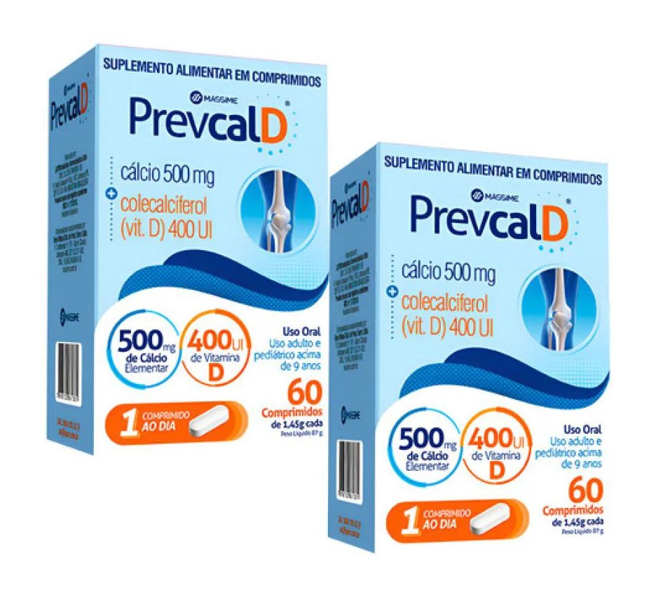 Kit 2 Prevcal Cálcio Elementar 500mg + 400ui Vit D3 120cpr sem Sabor