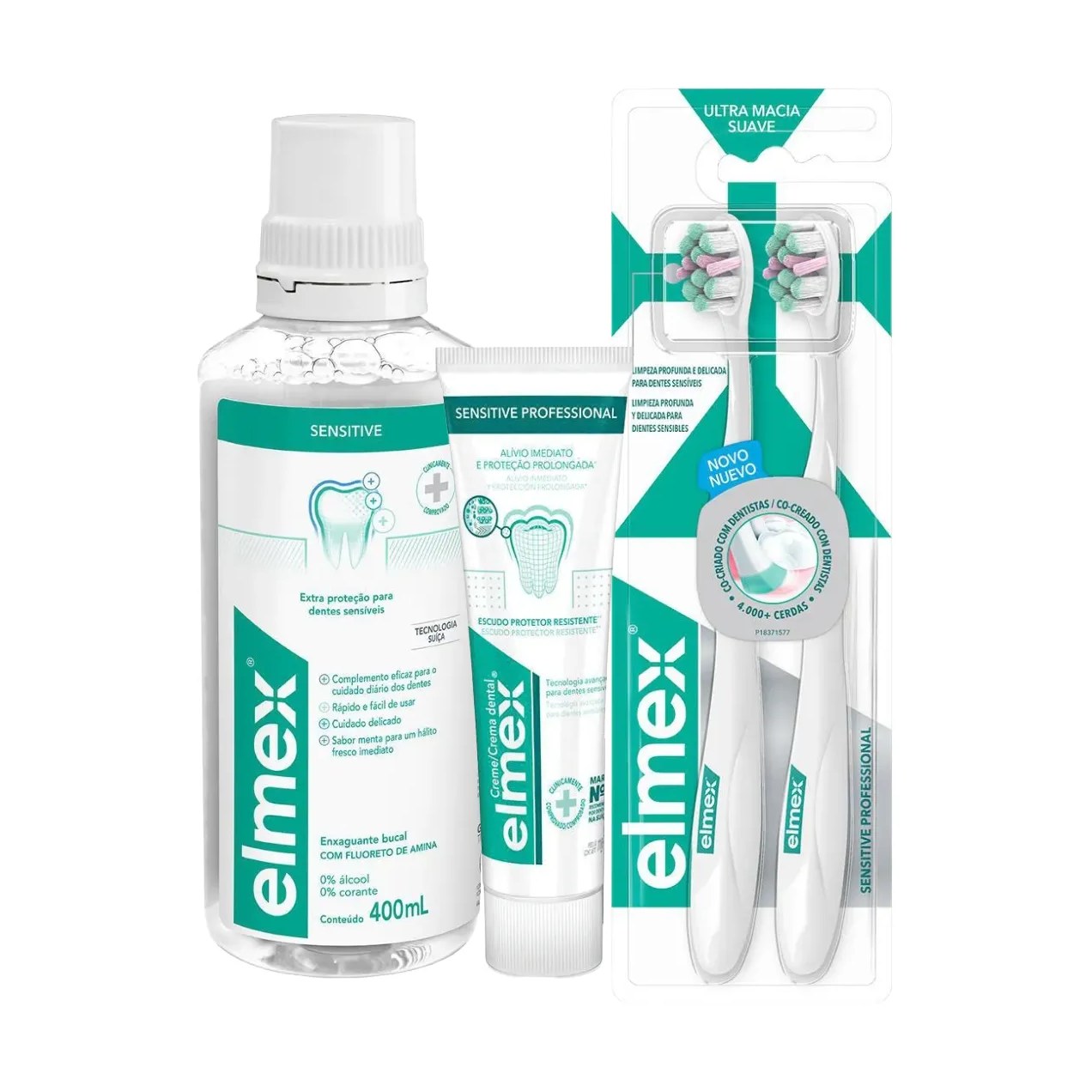 Kit Elmex Sensitive Creme Dental 110g + Escova de Dente Ultra Macia Suave 2un + Enxaguante Bucal Sem Álcool 400ml
