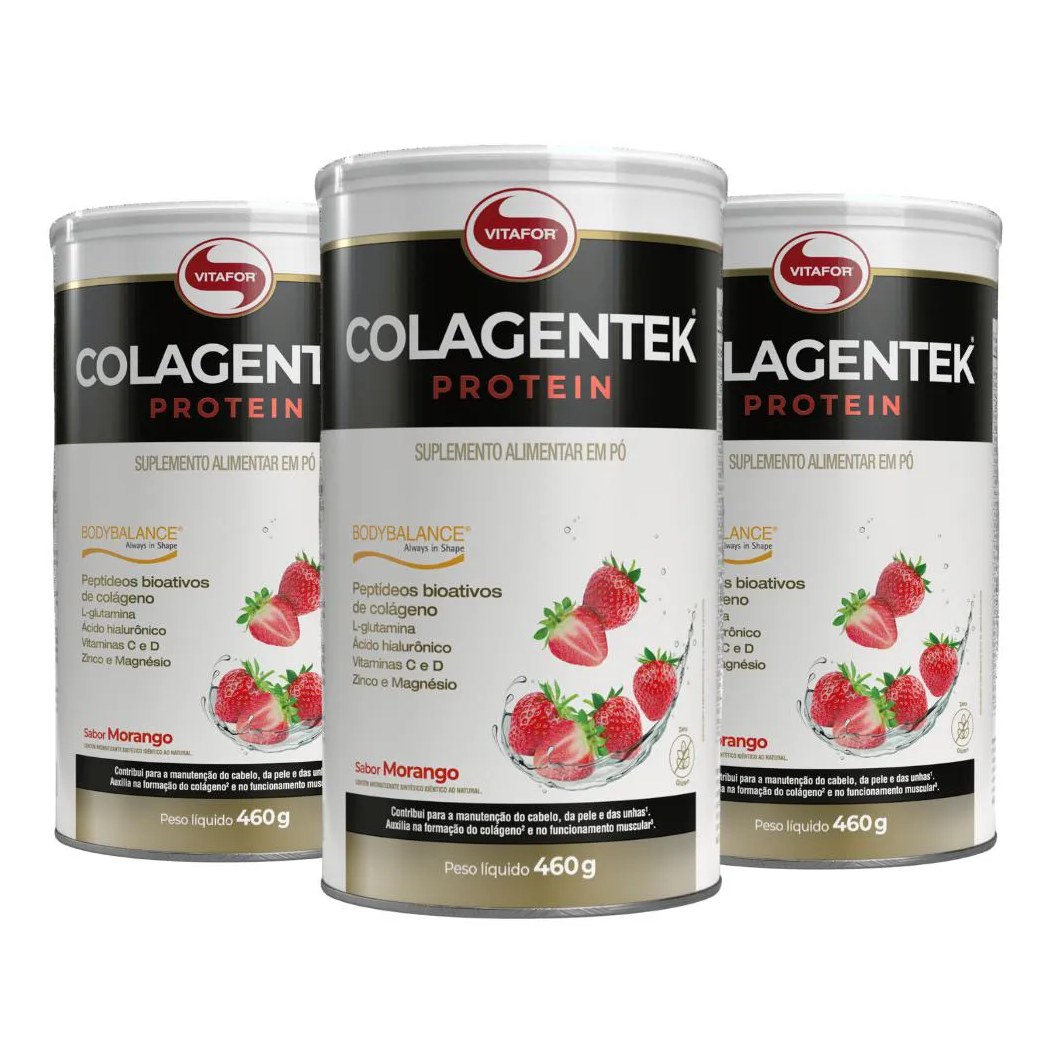 Kit 3x Colagentek Protein Bodybalance Morango 460g Vitafor