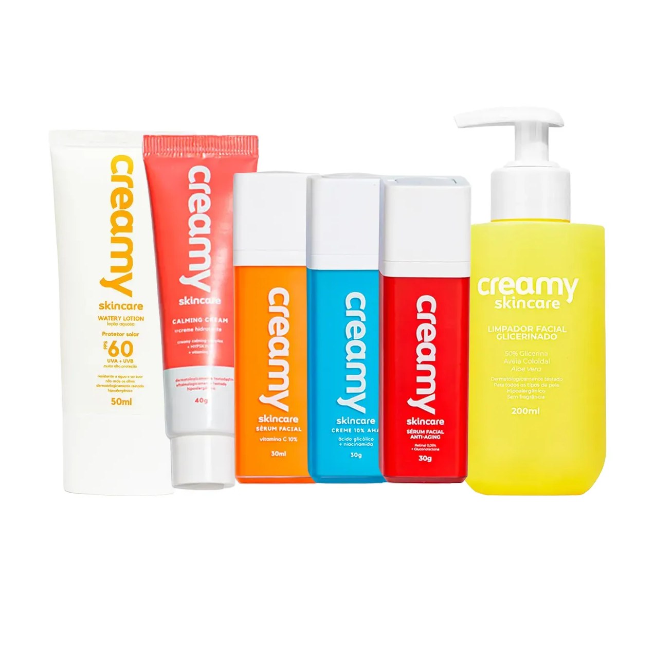 Kit Facial Creamy Limpador Glicerinado 200ml + Sérum Vitamica C 30g + Creme Hidratante Calming 40g + Protetor Solar FPS 60 50ml + Creme Retexturizador 30g + Sérum Anti-Idade 30g