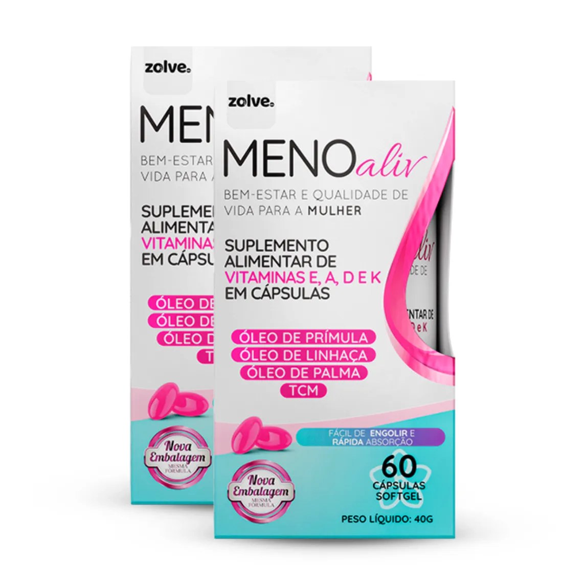 Suplemento Alimentar 2 Potes Meno Aliv - Óleo de Prímula, dois meses de uso, diário