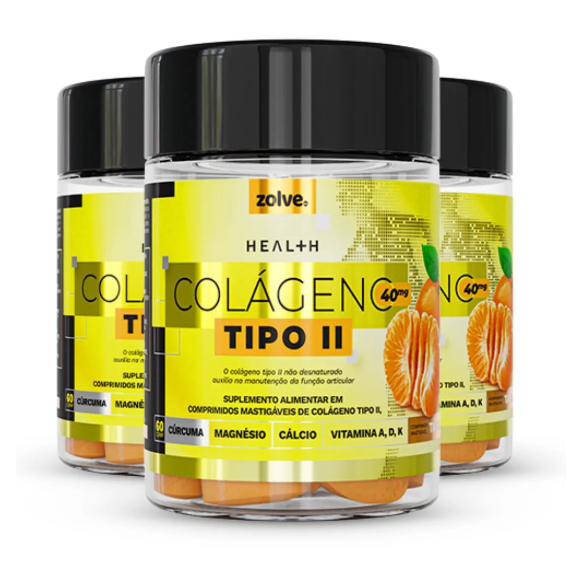 Suplemento Natural Colágeno tipo 2 - UC‑II®, não desnaturado, 3 Potes com 60 Cápsulas Mastigáveis Sabor Tangerina Zolve Labs