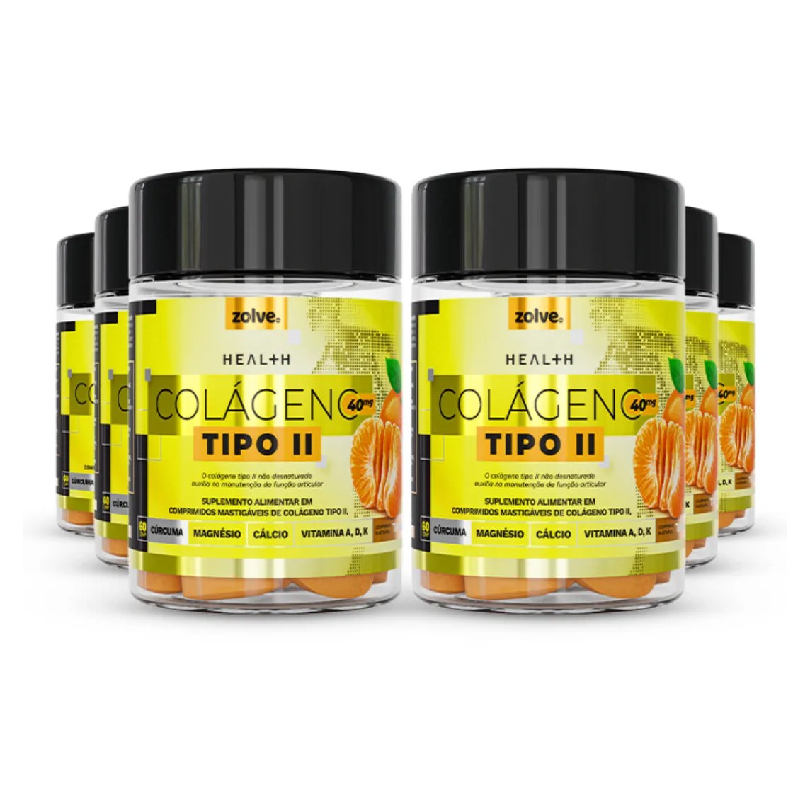 Suplemento Natural Colágeno tipo 2 - UC‑II®, não desnaturado, 6 Potes com 60 Cápsulas Mastigáveis Sabor Tangerina Zolve Labs