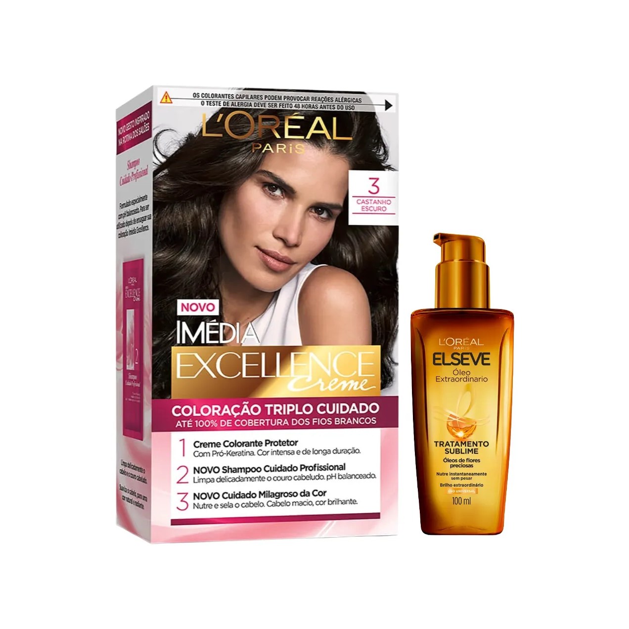 Kit L'Oréal Paris Tinta de Cabelo Permanente Imédia Excellence Creme - 3 Castanho Escuro + Óleo Extraordinário Tratamento Reconstrutor Elseve 100ml
