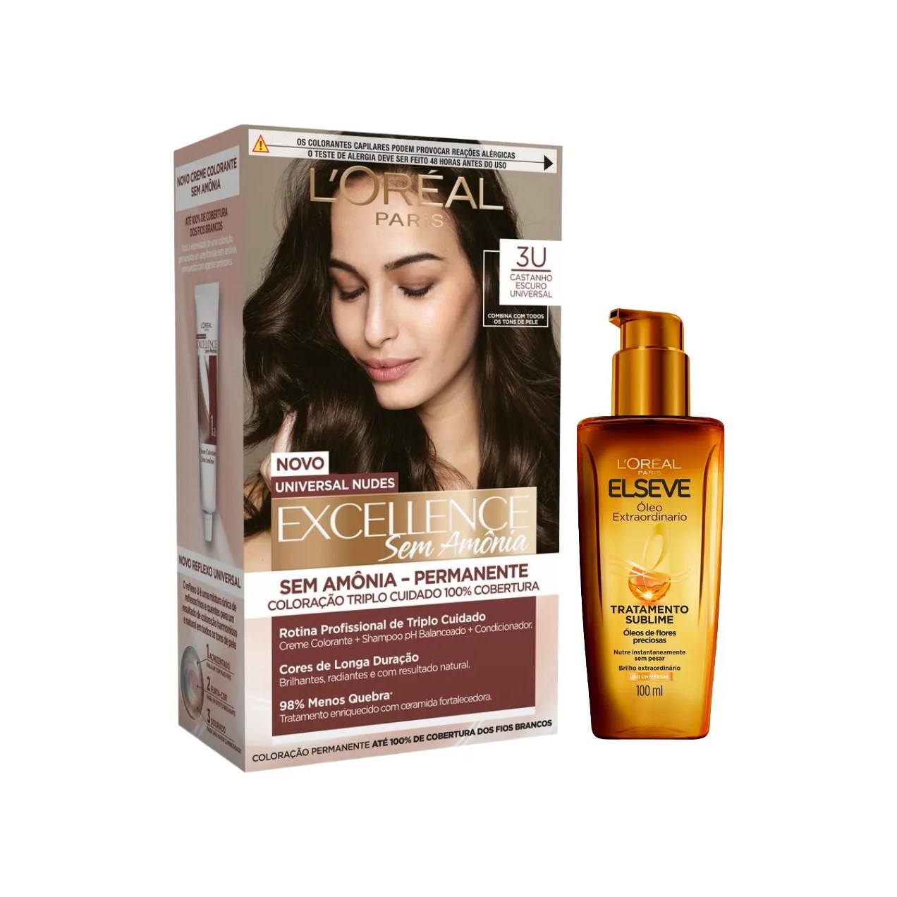 Kit L'Oréal Paris Tinta de Cabelo Permanente Imédia Excellence Sem Amônia - 3U Castanho Escuro Universal + Óleo Extraordinário Tratamento Reconstrutor Elseve 100ml